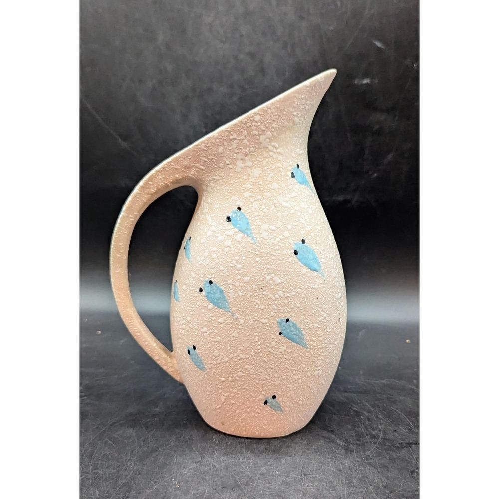 Vintage Mid Century Pink Lava Glaze Pitcher W/ Handle MCM 8.5"‎ Blue Fish